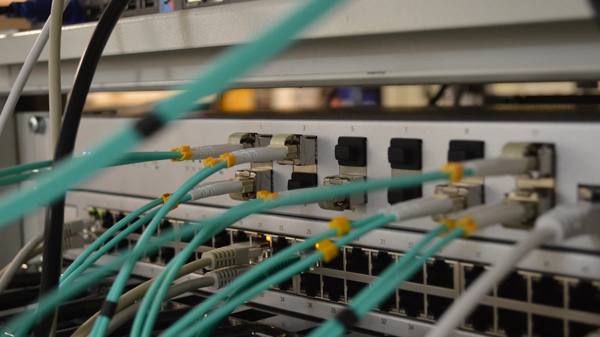 Fibre optic cables lighting a data network connection