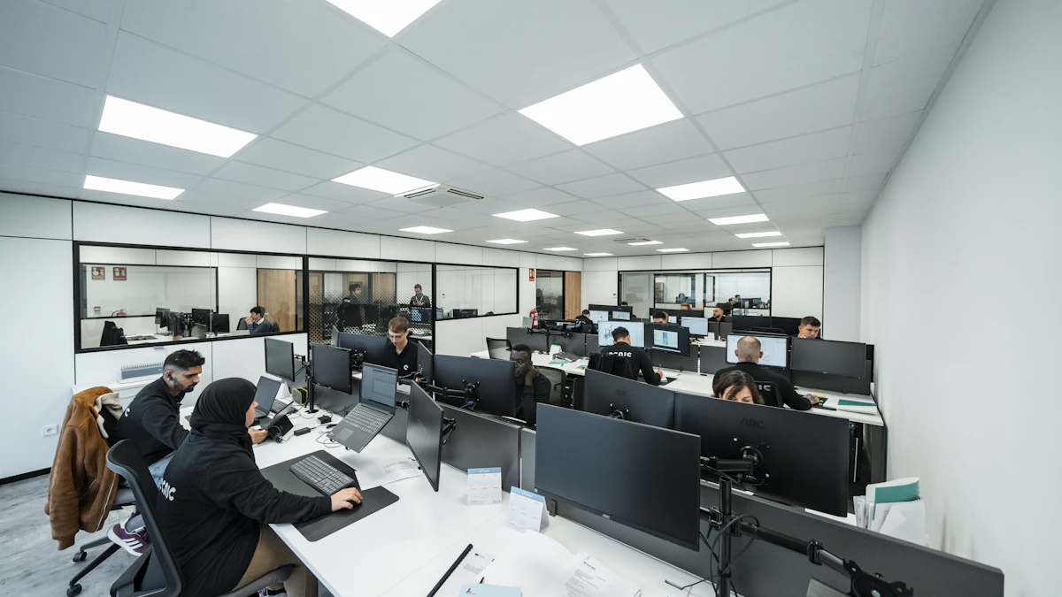 Open-plan office with people working at computers