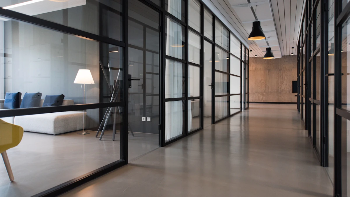 Modern office with computers at workstations