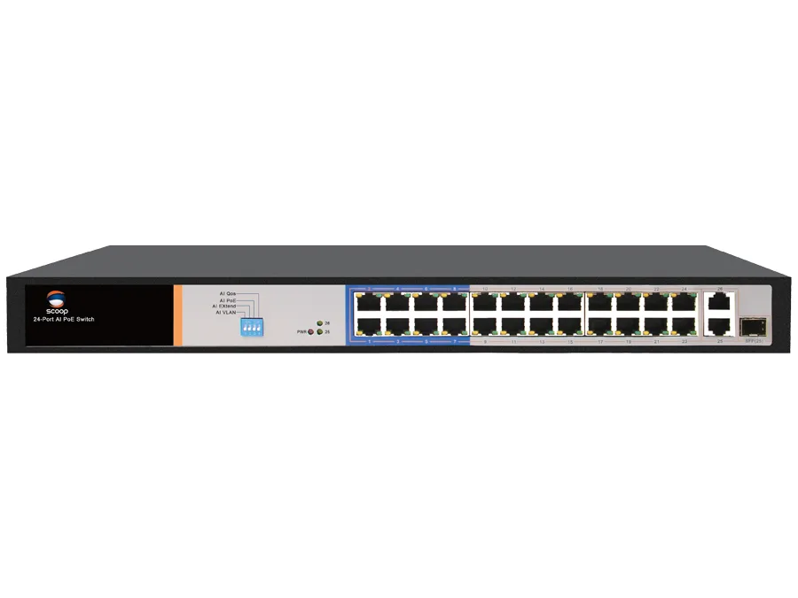 Scoop 24 Port Fast Ethernet PoE 250W 2 Gigabit 1SFP Switch