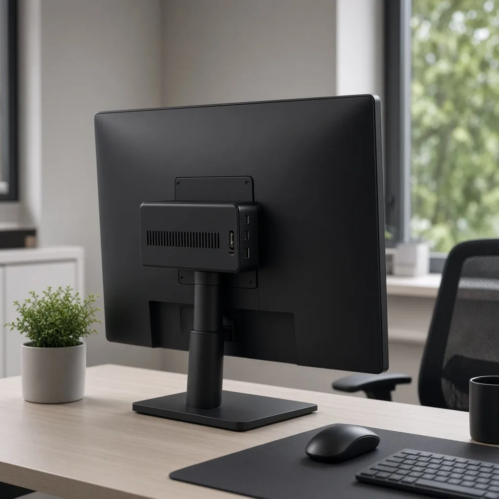 Mini PC on a desk with a portable monitor