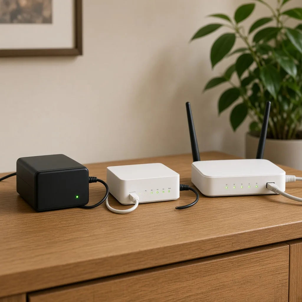 Mini UPS connected to a fibre ONT and Wi-Fi router