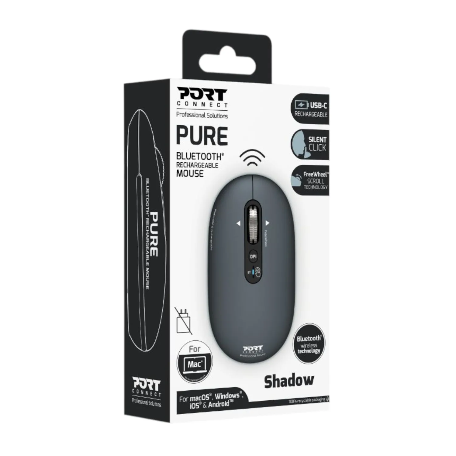 Port Connect PURE MAC Rechargeable Wireless and Bluetooth Mouse - Shadow