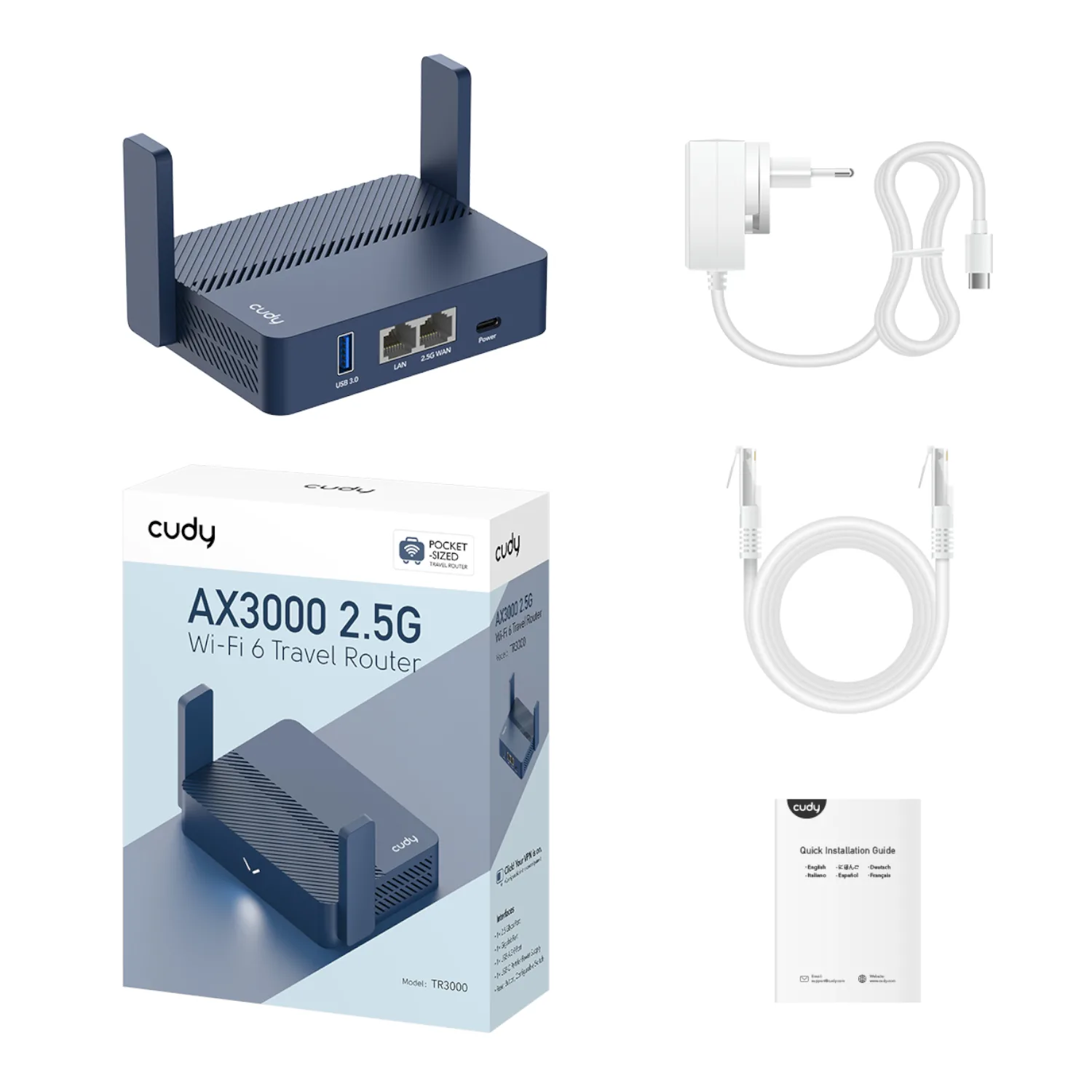 Cudy AX3000 2.5G Wi-Fi 6 Mini VPN Travel Router - Navy Blue