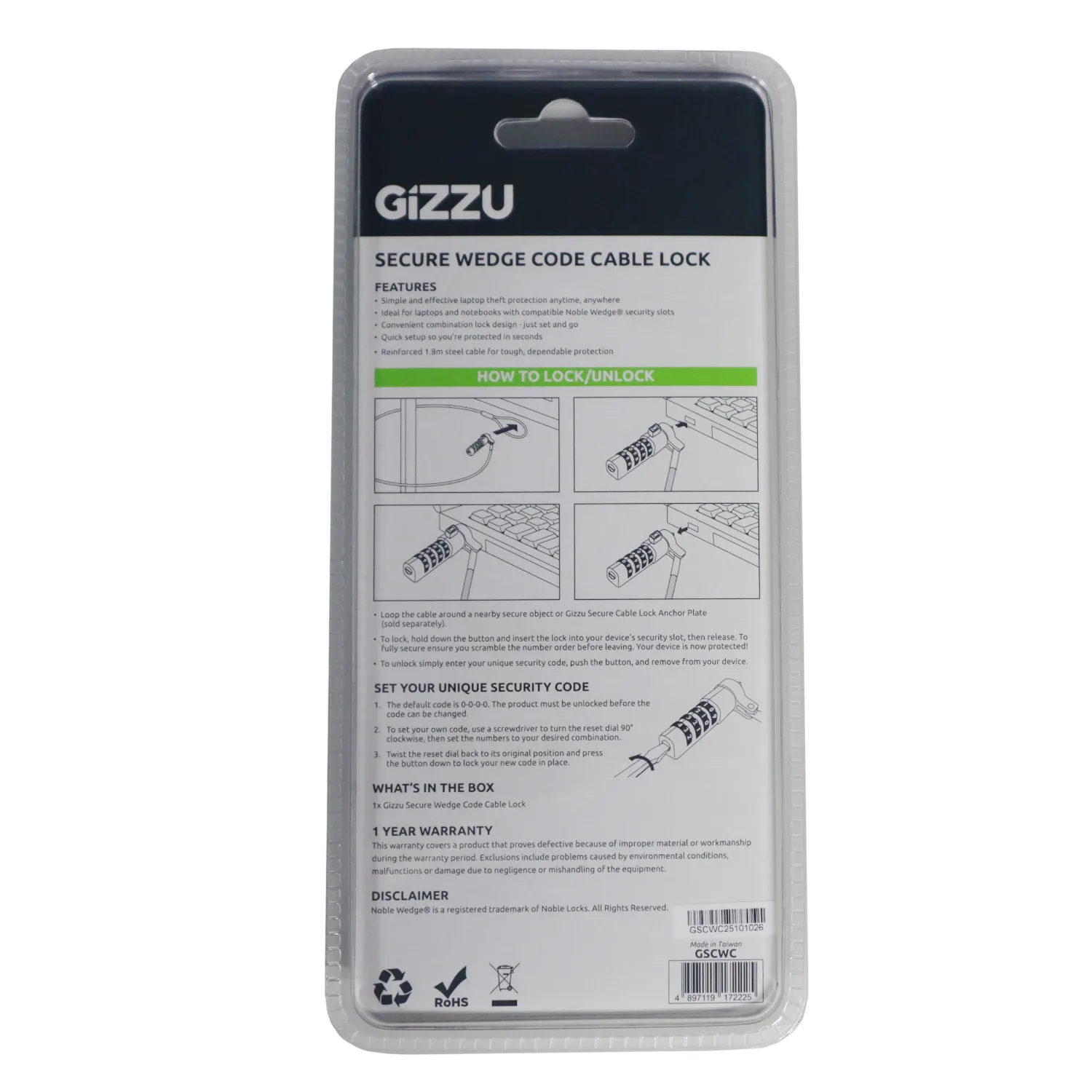 Gizzu Secure Wedge Code Cable Lock 1.8m